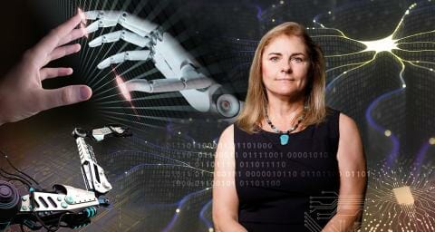 Nancy Cooke against a decorative background showing a human hand and robot hand touching at the fingertips