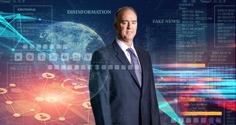 Scott Ruston against background images showing interconnected networks and the words "Disinformation" and "fake news"