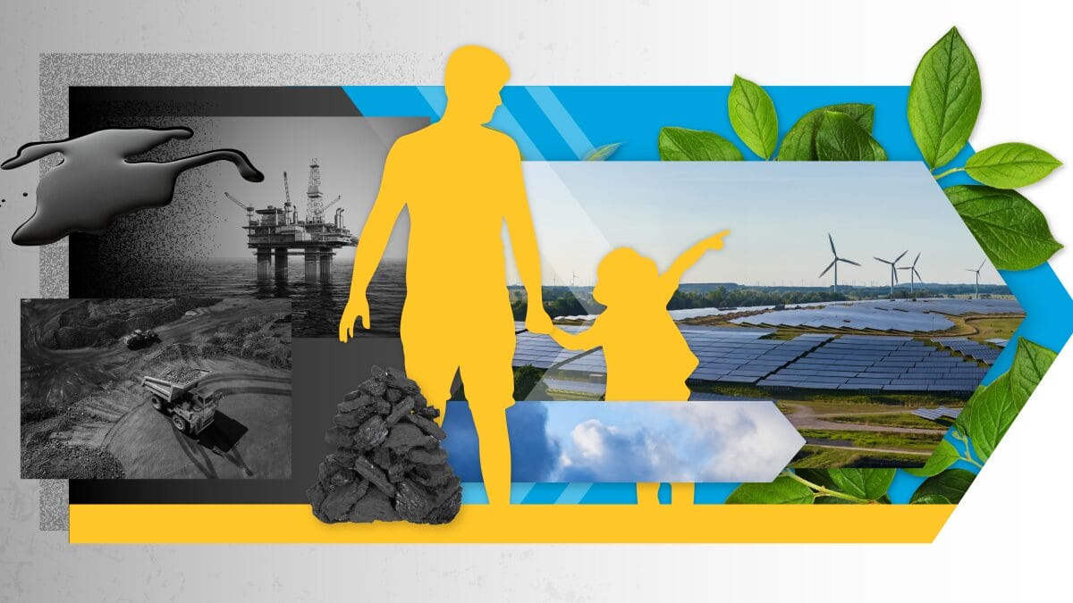 Outline of a man holding hands with a child on a background showing an oil spill and deforestation on the left, with green plants, solar panels and windmills on the right.