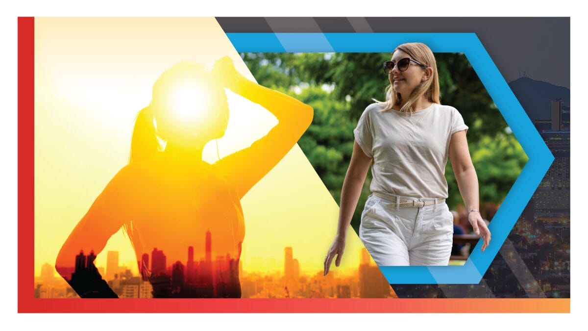 silhouette of overheated woman in front of bright sun and photo of woman walking outside near greenery