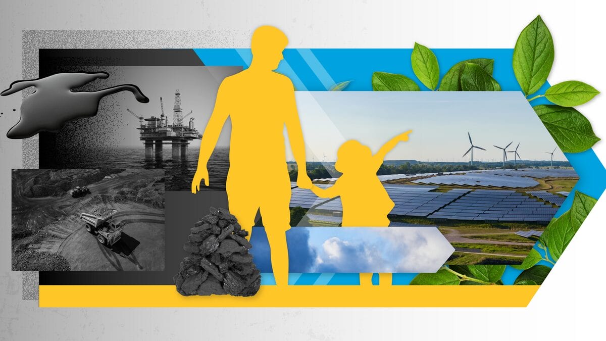 Collage of coal and oil rig fading to image of solar and wind farm. Silhouette of man and child holding hands are in center.