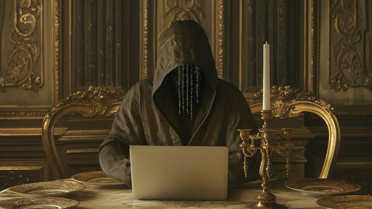 illustration of hooded figure hunched over a laptop, with coding where face would be