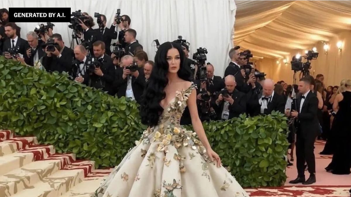 AI deepfake image of Katy Perry wearing a floral dress at the Met Gala