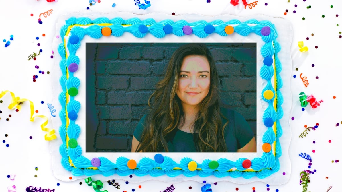 image of woman's face printed onto a birthday cake