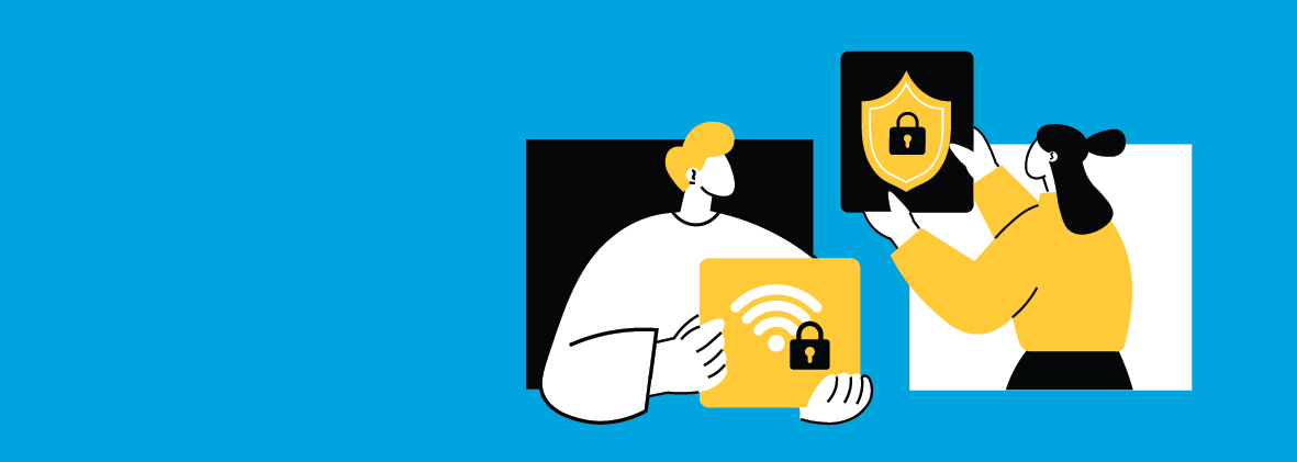 People holding icons of a locked Wi-Fi signal and a shield, representing secure networks and cybersecurity protection.