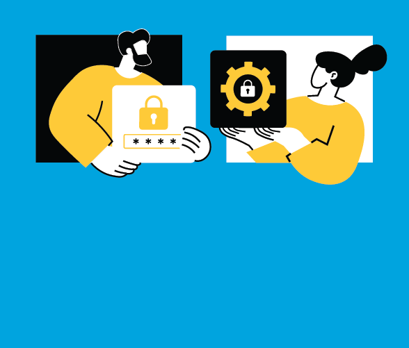 People holding lock and gear icons, representing account security and cybersecurity systems.